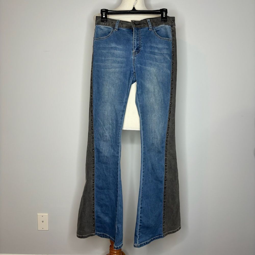 Litz by Uniq- Blue Flare Jeans with Grey Waistband & Down the Side